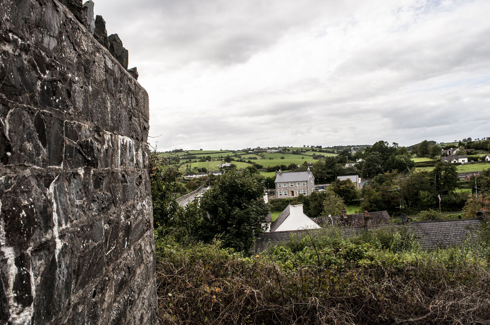 Views from the site of a pillbox overlooking roads in and out of the village of Scarva, Co. Down.