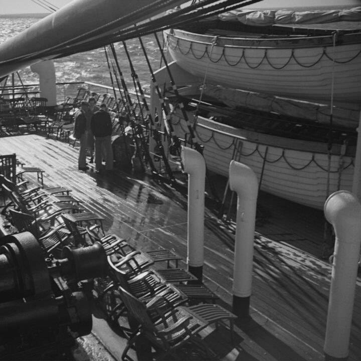 Part of the upper deck of S.S. Athenia showing lifeboats in situ at Glasgow, Lanarkshire, Scotland. Photo taken by Paul Vanderbilt during the summer of 1937.