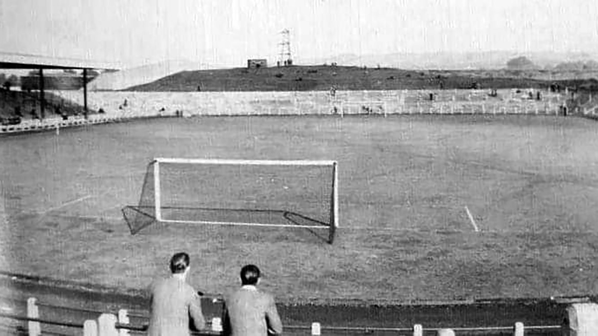 A Second World War pillbox stands on the banking at the Sydenham End of The Oval, home to Glentoran Football Club in East Belfast.