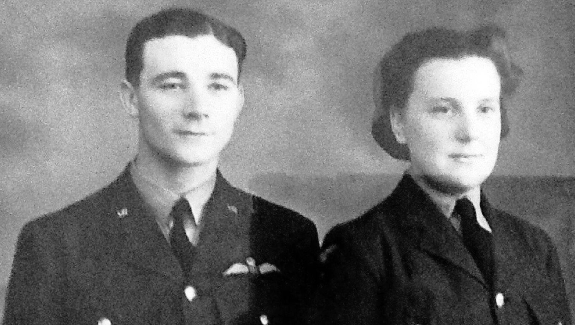 Flying Officer Samuel Cecil Morrison of Creggan Road, Derry~Londonderry photographed with Margaret Elizabeth 'Betty' Morrison (née Barclay) on their wedding day.