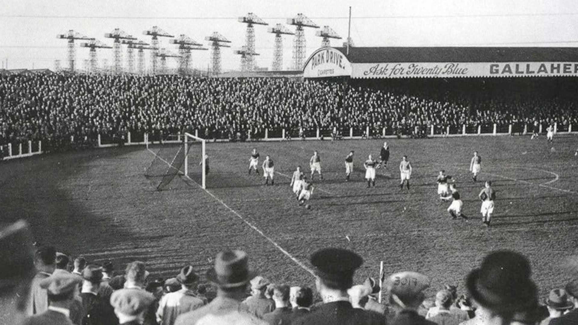 Action from Glentoran F.C. versus Cliftonville F.C. at The Oval in East Belfast during the 1937 season, the first spent in Belfast by goalkeeper Thomas Pearson.