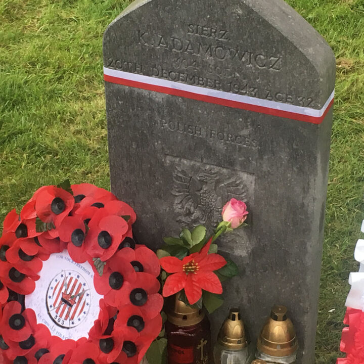 The grave of Flight Sergeant Klemens Adamowicz (P-780537) of R.A.F. 304 (Land of Silesia) Squadron in Milltown Cemetery, Belfast.