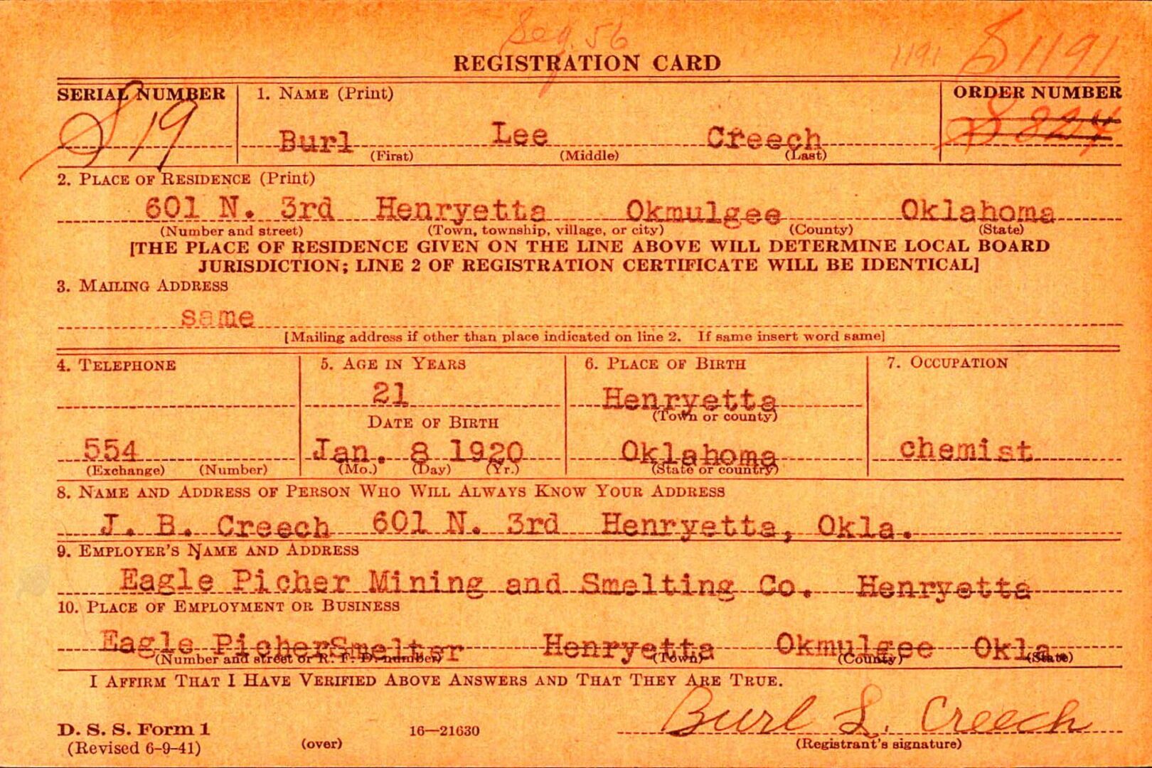 U.S. WWII Draft Card for Burl Lee Creech