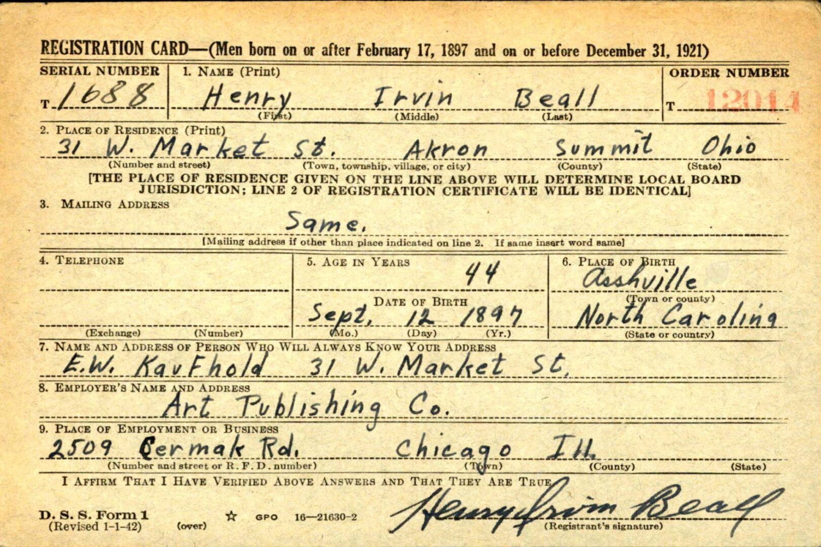U.S. WWII Draft Card for Henri Irvin Beall