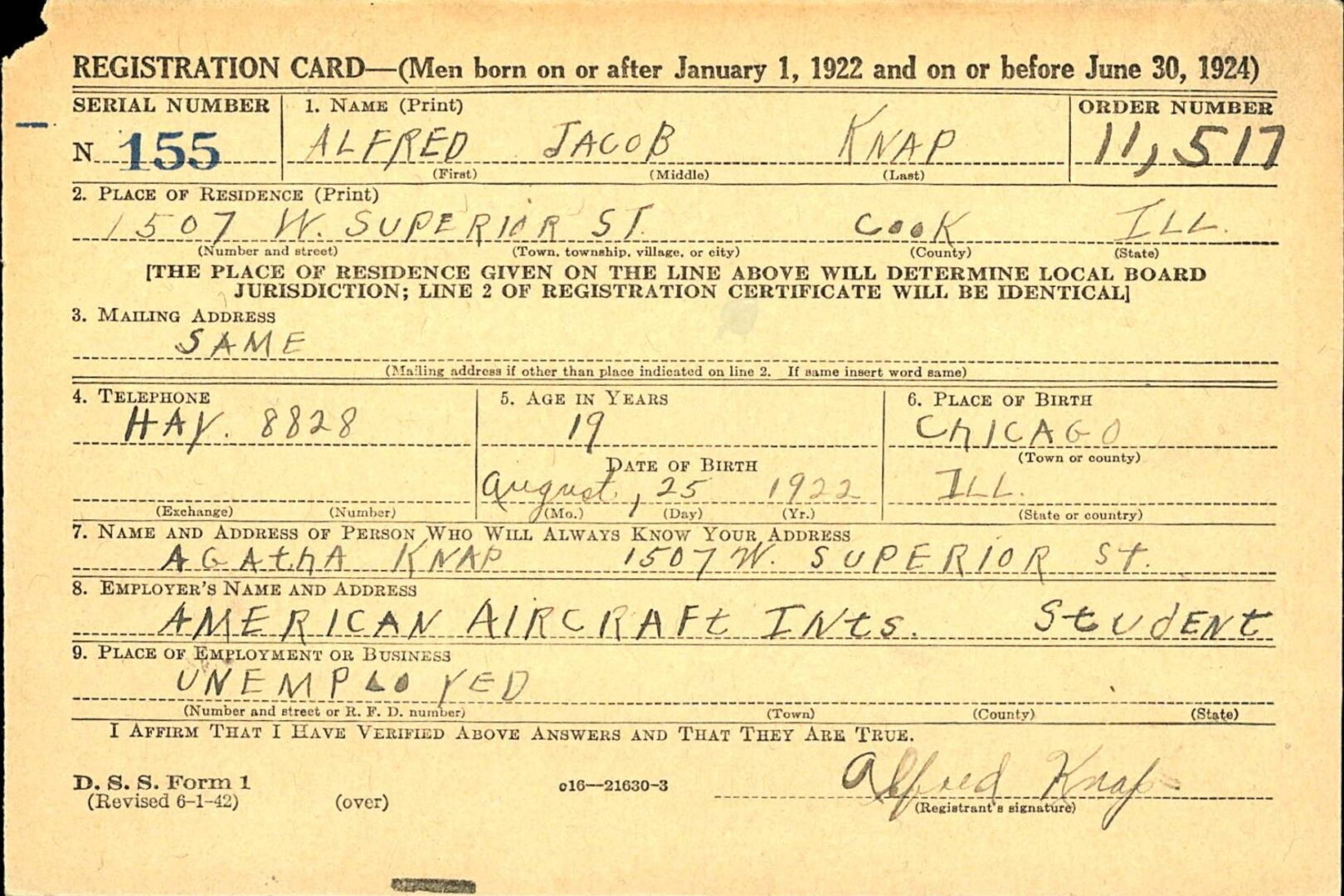U.S. WWII Draft Card for Alfred Jacob Knap