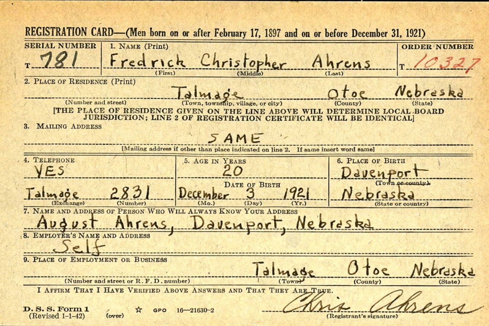 U.S. WWII Draft Card for Frederick Christopher Ahrens
