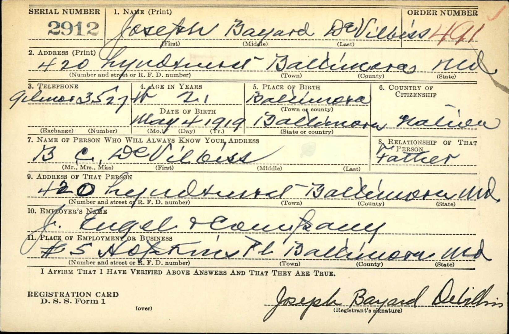 U.S. WWII Draft Card for Joseph Bayard Devilbliss