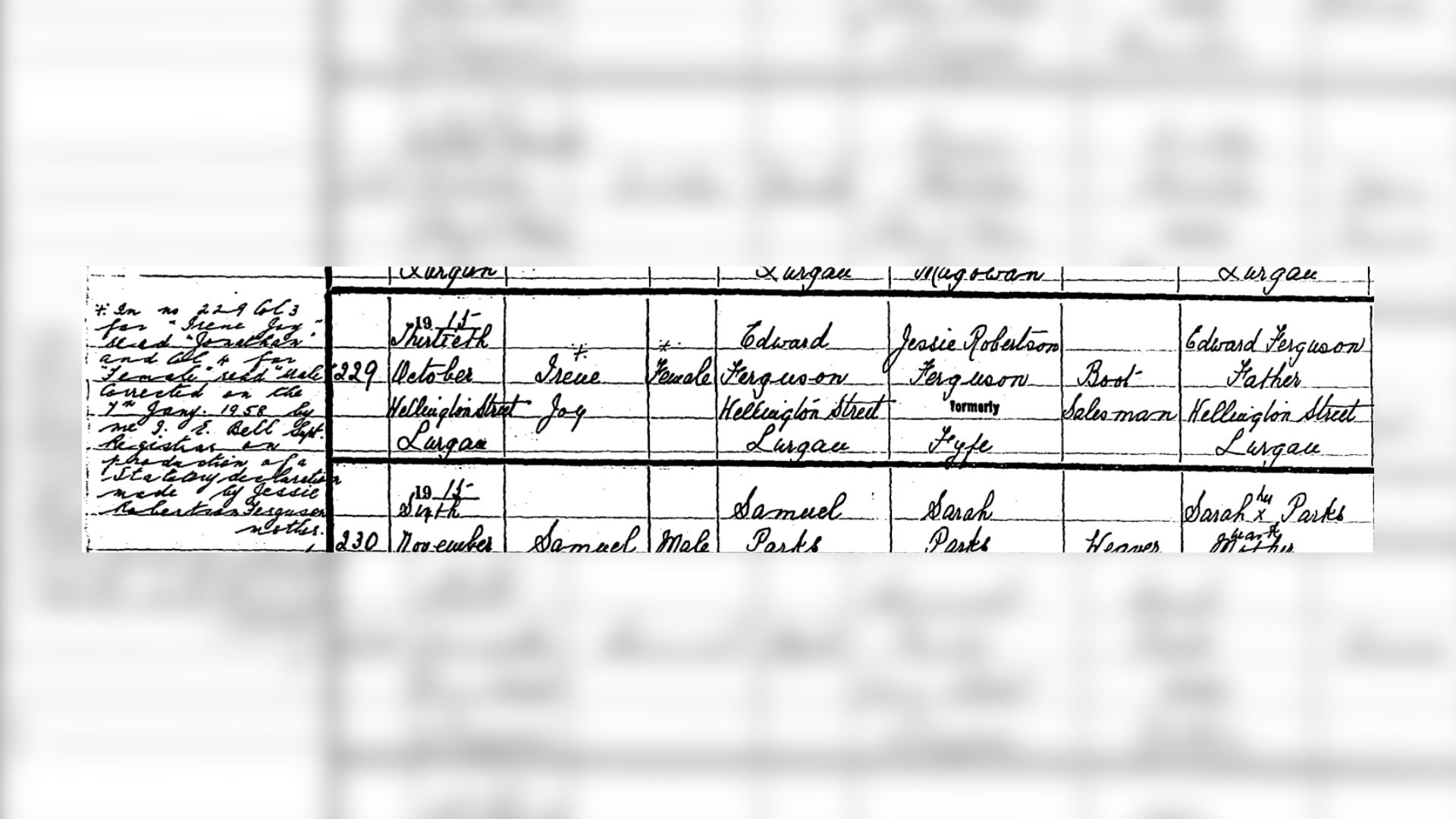 Birth record for Irene Joy Ferguson of Lurgan, Co. Armagh amended to reflect Jonathan Ferguson's gender reassignment in January 1958.