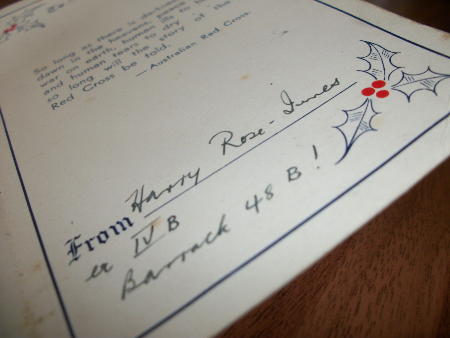 A Christmas card sent from Harry Rose-Innes in Port Elizabeth, South Africa written to Alexander Liggett in Portadown, Co. Armagh. The two had been prisoners of war together in Germany.