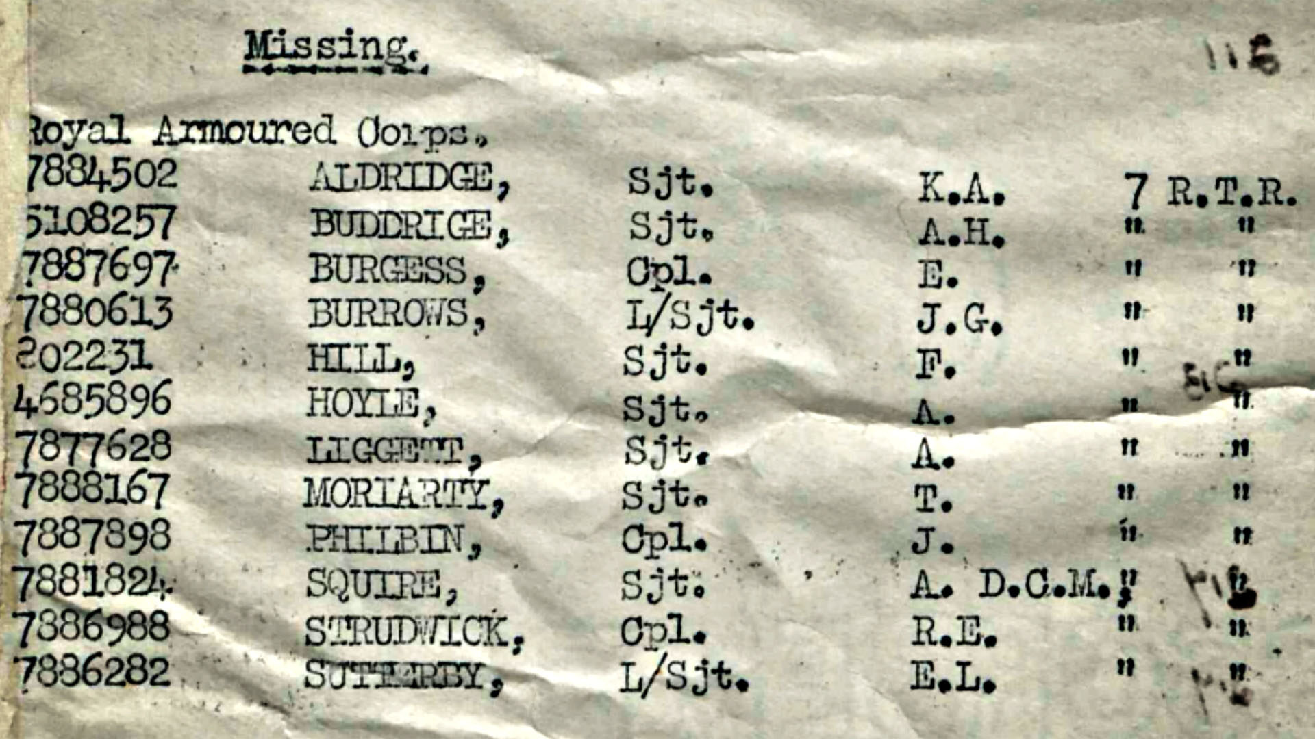 British War Office Casualty List no. 587 showing Sergeant Alexander Liggett of 7 Royal Tank Regiment as missing in the Western Desert in 1941.
