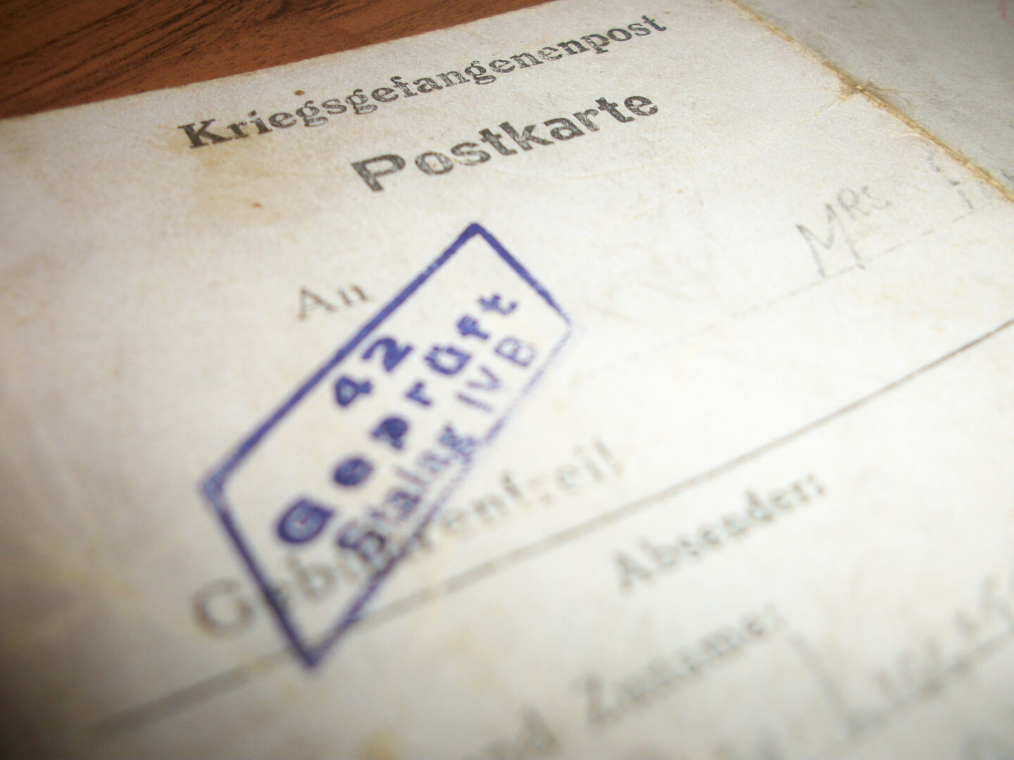A postcard written from P.O.W. Camp Stalag IVB, Muhlberg, Germany from Sergeant Alexander Liggett to his wife Kathleen in Portadown, Co. Armagh.