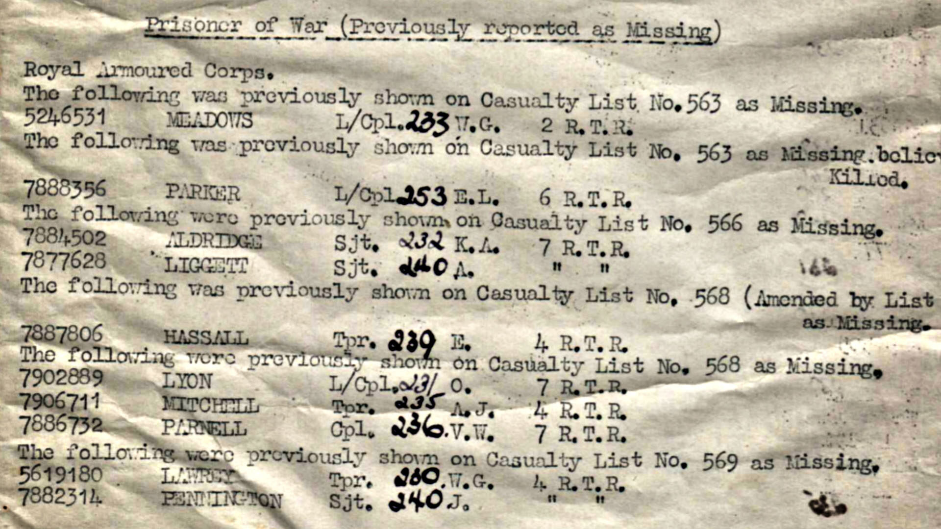 British War Office Casualty List no. 600 showing Sergeant Alexander Liggett of 7 Royal Tank Regiment as a prisoner of war following his capture in the Western Desert in 1941.