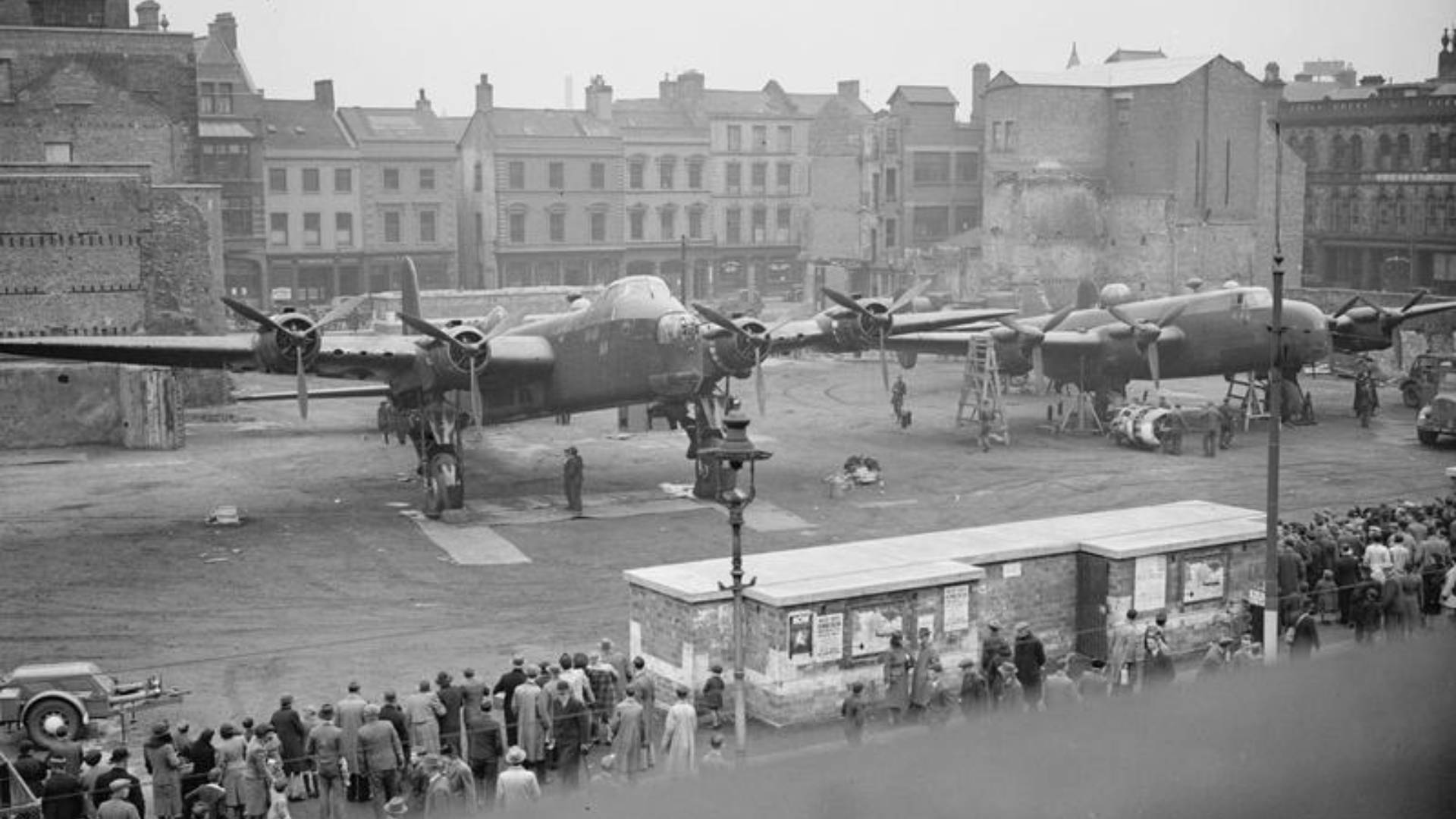 Short Stirling and Handley Page Halifax in High Street, Belfast during Wings For Victory Savings Week on 30th April 1943