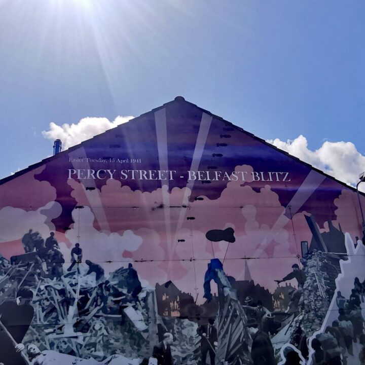 A mural depicting the death and destruction caused to the communities of northwest Belfast during the Luftwaffe raids of the Belfast Blitz in April and May 1941 on Dover Place, Belfast.
