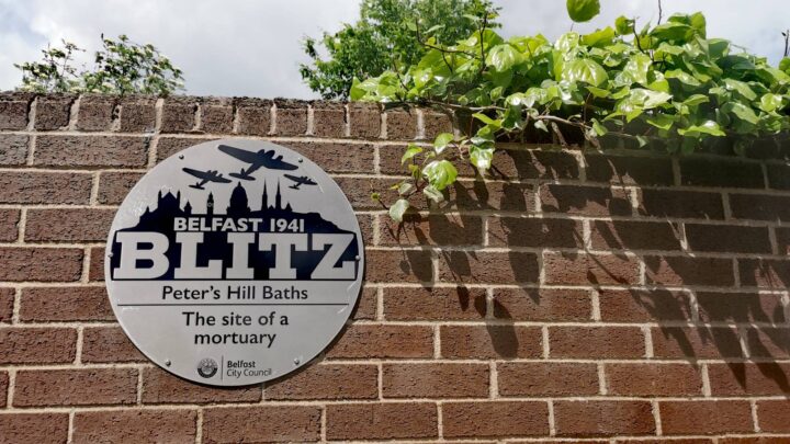 A commemorative plaque marks the site of a temporary mortuary established at the Public Baths on Peter's Hill, Belfast in the aftermath of the Luftwaffe raids of the Belfast Blitz in April and May 1941.