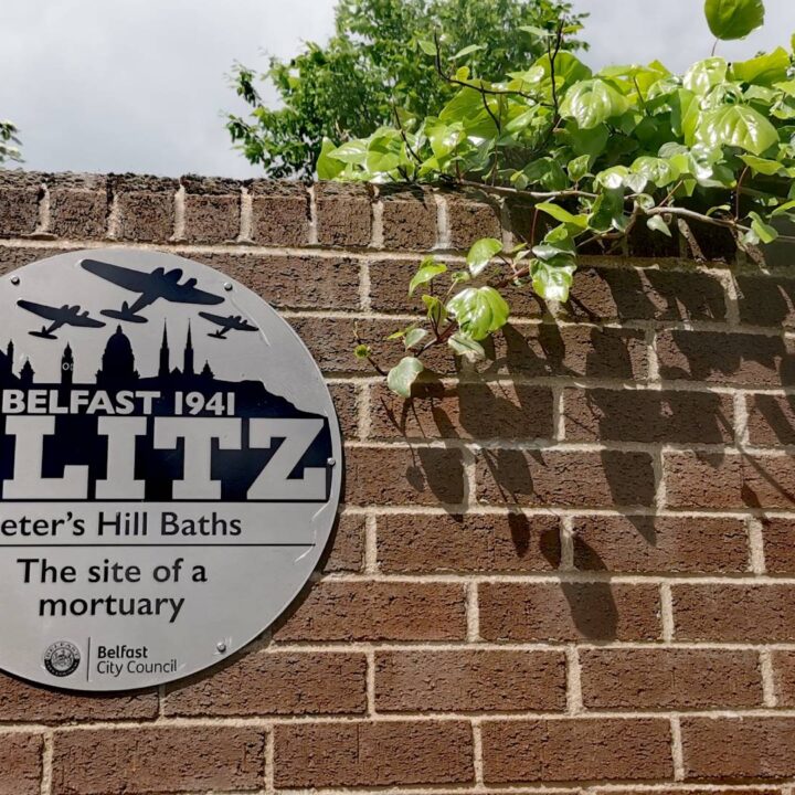 A commemorative plaque marks the site of a temporary mortuary established at the Public Baths on Peter's Hill, Belfast in the aftermath of the Luftwaffe raids of the Belfast Blitz in April and May 1941.