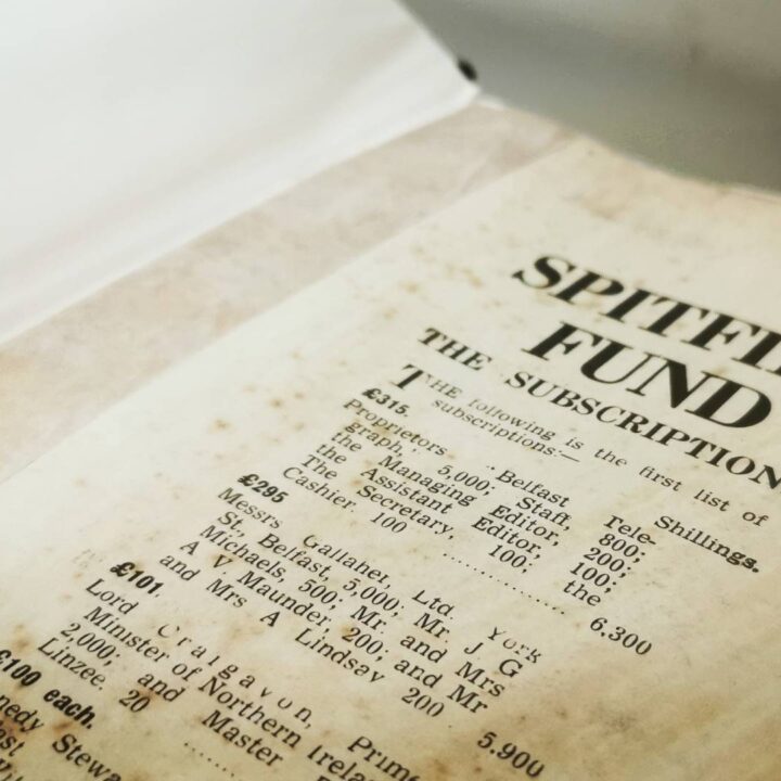 Details of contributions contained within the bound collection of newspaper cuttings detailing the residents and businesses of Belfast and Northern Ireland who contributed to the Belfast Telegraph Spitfire fund in 1940.