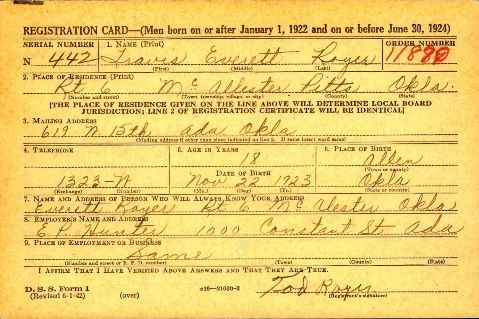 U.S. WWII Draft Card for Travis Everett Royer