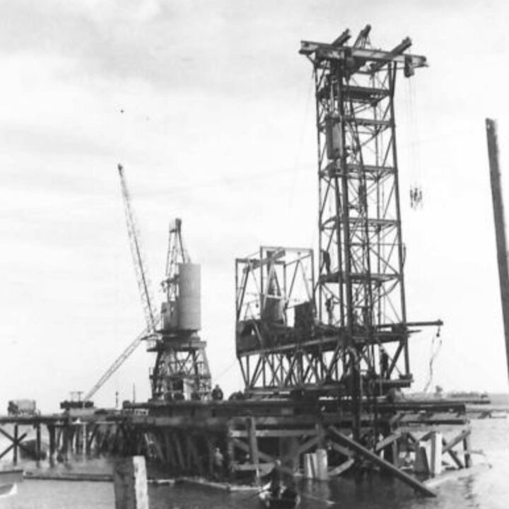 Progress to date showing a six-ton electric crane at the new War Office jetty at Larne, Co. Antrim.