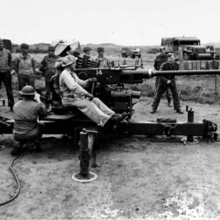 An Officer Instructor from 241st Light Anti-Aircraft Training Regiment, Royal Artillery teaches American pupils to use a Light Anti-Aircraft Gun at an Aircraft Recognition School at Ballykinlar, Co. Down.