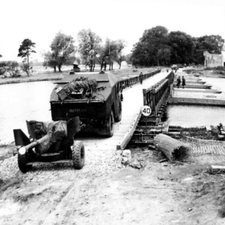 Anti-Tank Guns of the British 45th Infantry Division crossing the water using a pontoon bridge during Exercise Judy at the River Bann, Newferry, Co. Antrim.