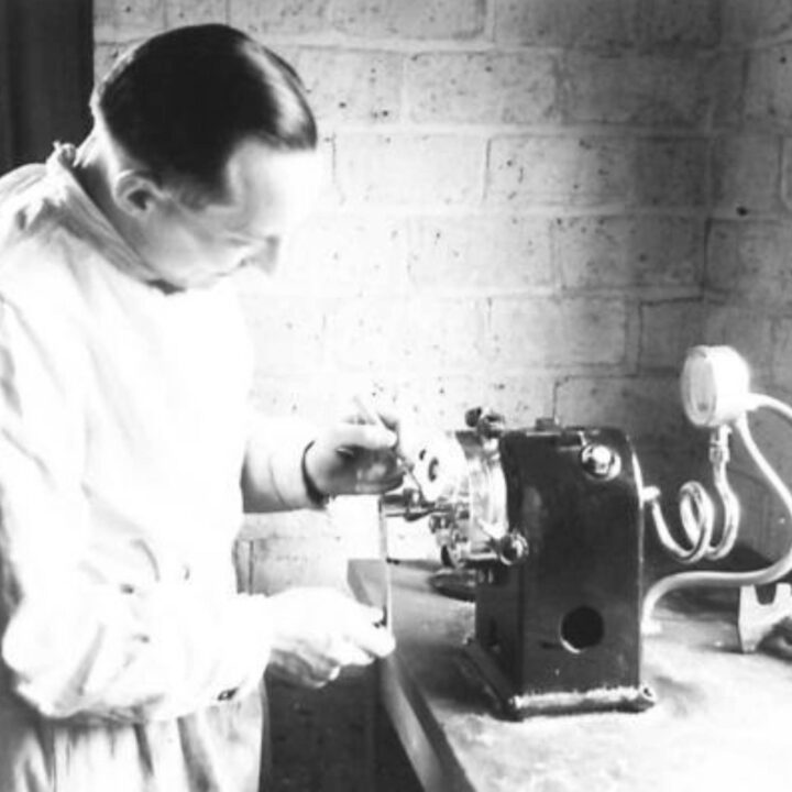 A Dental Mechanic using specialist tools to build dentures at the Army Dental Laboratory, Palace Barracks, Holywood, Co. Down.
