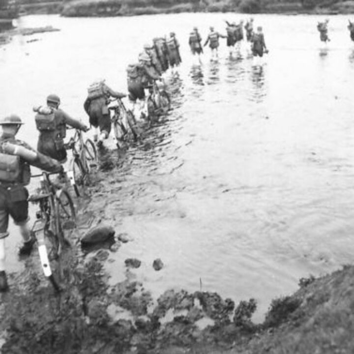 Members of 4th Battalion, Royal Berkshire Regiment, 148th Independent Infantry Group under the command of Lieutenant Colonel B. Hawkins practising new forms of attack and fording the River Maine with bicycles between Antrim Town and Ballymena, Co. Antrim.