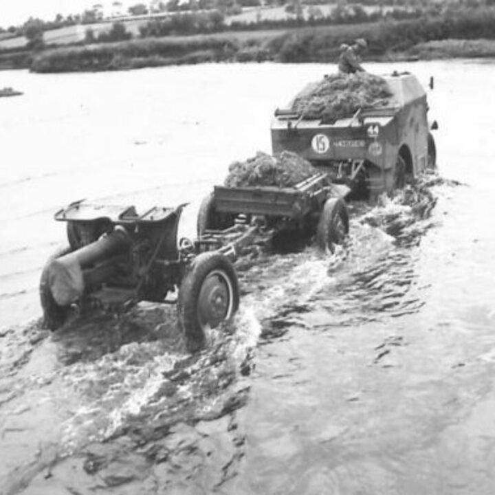 Members of 4th Battalion, Royal Berkshire Regiment, 148th Independent Infantry Brigade under the command of Lieutenant Colonel B. Hawkins practising new forms of attack and fording the River Maine with a towed 4.5” Howitzer between Antrim Town and Ballymena, Co. Antrim.