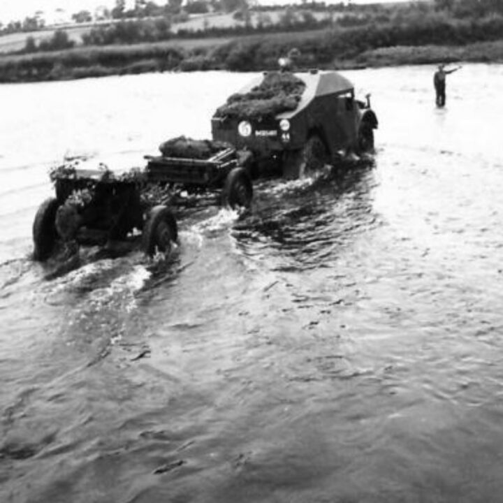 Members of 4th Battalion, Royal Berkshire Regiment, 148th Independent Infantry Group under the command of Lieutenant Colonel B. Hawkins practising new forms of attack and fording the River Maine with a towed 4.5” Howitzer between Antrim Town and Ballymena, Co. Antrim.
