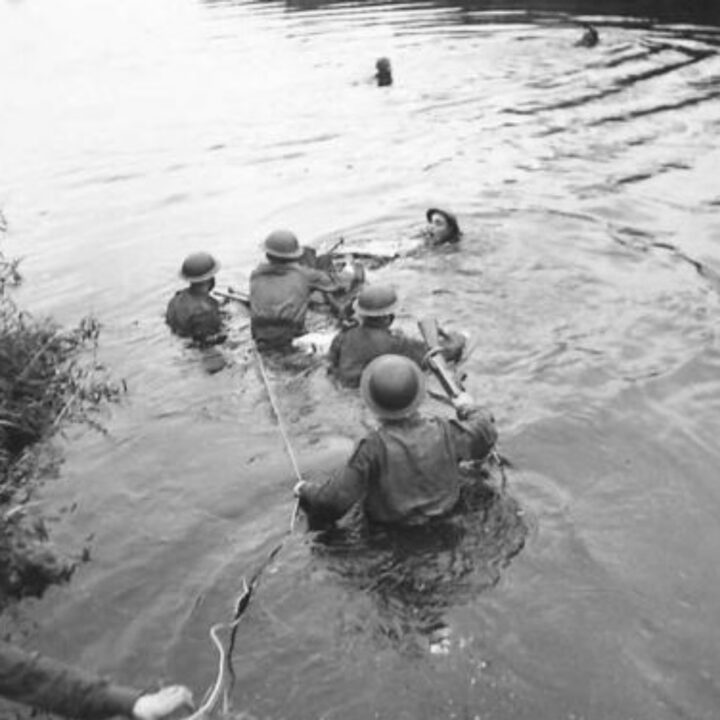 Members of 4th Battalion, Royal Berkshire Regiment, 148th Independent Infantry Group under the command of Lieutenant Colonel B. Hawkins practising new forms of attack and fording the River Maine by improvised raft between Antrim Town and Ballymena, Co. Antrim.