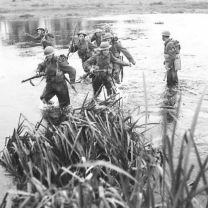 Members of 4th Battalion, Royal Berkshire Regiment, 148th Independent Infantry Group under the command of Lieutenant Colonel B. Hawkins practising new forms of attack and fording the River Maine between Antrim Town and Ballymena, Co. Antrim.