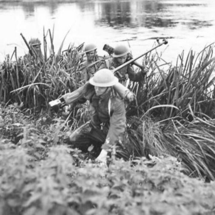 Members of 4th Battalion, Royal Berkshire Regiment, 148th Independent Infantry Brigade under the command of Lieutenant Colonel B. Hawkins practising new forms of attack and fording the River Maine between Antrim Town and Ballymena, Co. Antrim.