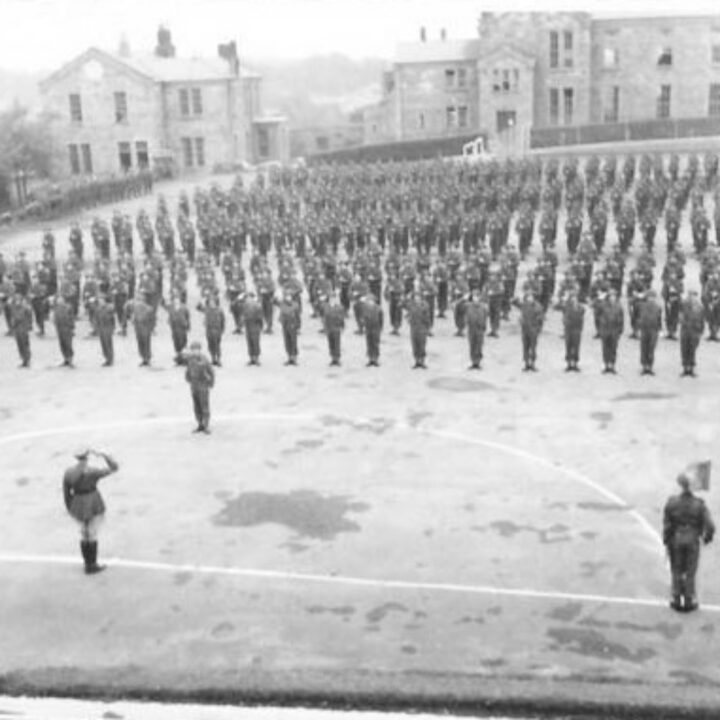 Lieutenant General Harold Edmund Franklyn C.B., D.S.O., M.C. (General Officer Commanding British Troops in Northern Ireland) takes the salute from 1st Battalion, Princess Alexandra of Wales’ Own Yorkshire Regiment (The Green Howards) at Omagh, Co. Tyrone. Among the battalion as a Company Commander is Yorkshire and England international cricketer Hedley Verity.