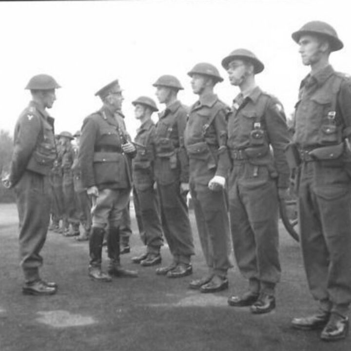 Lieutenant General Harold Edmund Franklyn C.B., D.S.O., M.C. (General Officer Commanding British Troops in Northern Ireland) and Company Commander Captain Hedley Verity inspect B Company, 1st Battalion, Princess Alexandra of Wales’ Own Yorkshire Regiment (The Green Howards) at Omagh, Co. Tyrone.