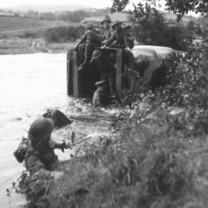 A British Army lorry gets in trouble crossing a river during an exercise by 208th Anti-Tank Battery, Royal Artillery at Lislap House, Gortin, Co. Tyrone.
