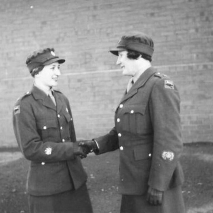 Staff Sergeant Mabel Kathleen Twist, thought to be the only person of her rank in Northern Ireland was commended by Auxiliary Territorial Service Chief Controller Jean Knox as the 'smartest woman in the A.T.S.'. Company Sergeant Major Hughes passes on congratulations.
