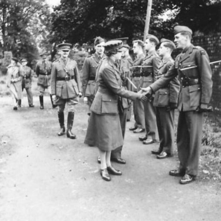 Her Royal Highness The Princess Royal (Colonel in Chief, Royal Corps of Signals) meets with Lieutenant Colonel E.H. Cogan-Harris (Chief Signals Officer, Northern Ireland District) at Wallace Park, Lisburn, Co. Antrim.