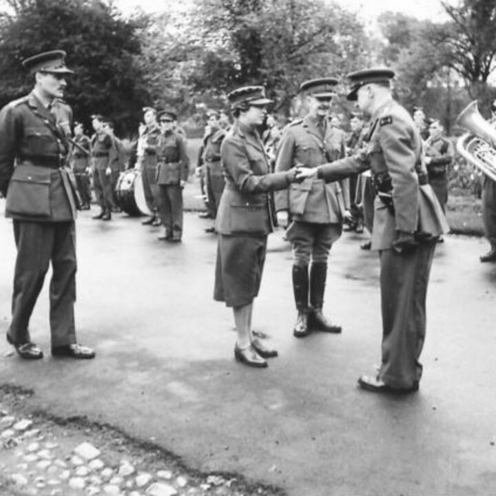 Her Royal Highness The Princess Royal (Colonel in Chief, Royal Corps of Signals) with Colonel W.S. Ashley O.B.E., T.D. at Wallace Park, Lisburn, Co. Antrim.