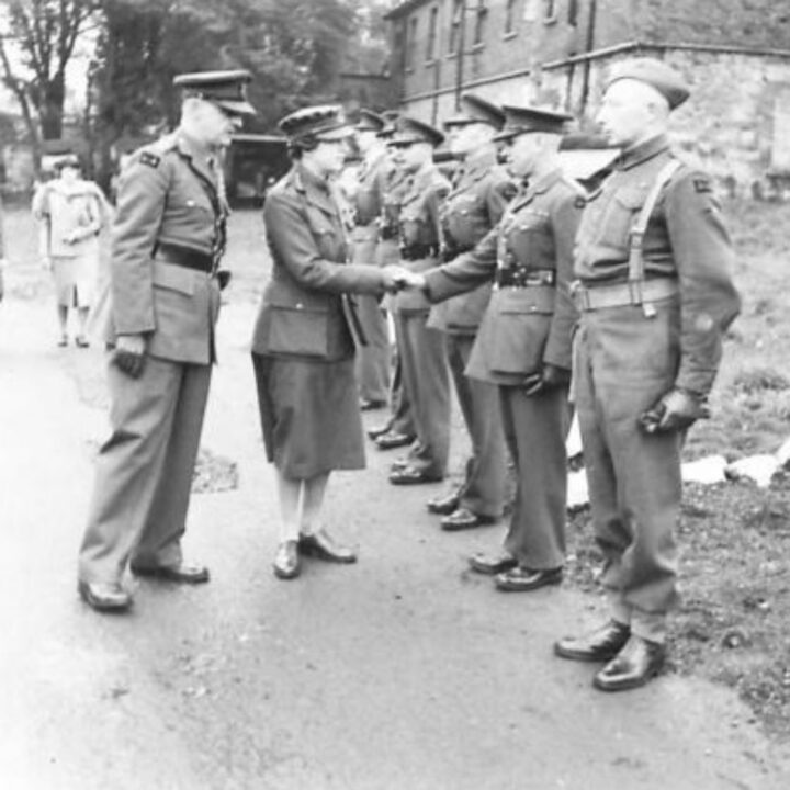 Her Royal Highness The Princess Royal (Colonel in Chief, Royal Corps of Signals) inspects a Sergeant Major and officers of the Royal Corps of Signals at Wallace Park, Lisburn, Co. Antrim.