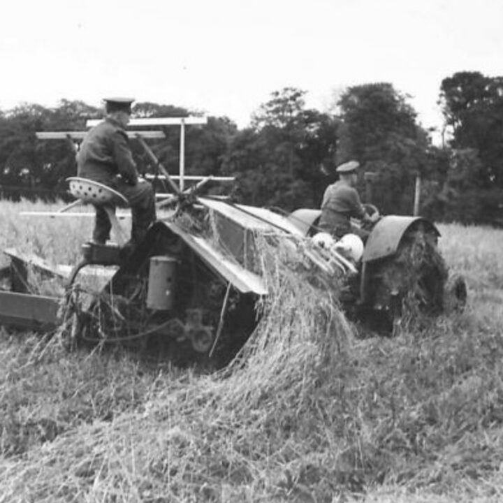 British Army soldiers at work with a tractor and harvester on a ten-acre field of oats near an Ordnance Store site at White Lodge, Shane's Castle, Randalstown, Co. Antrim.