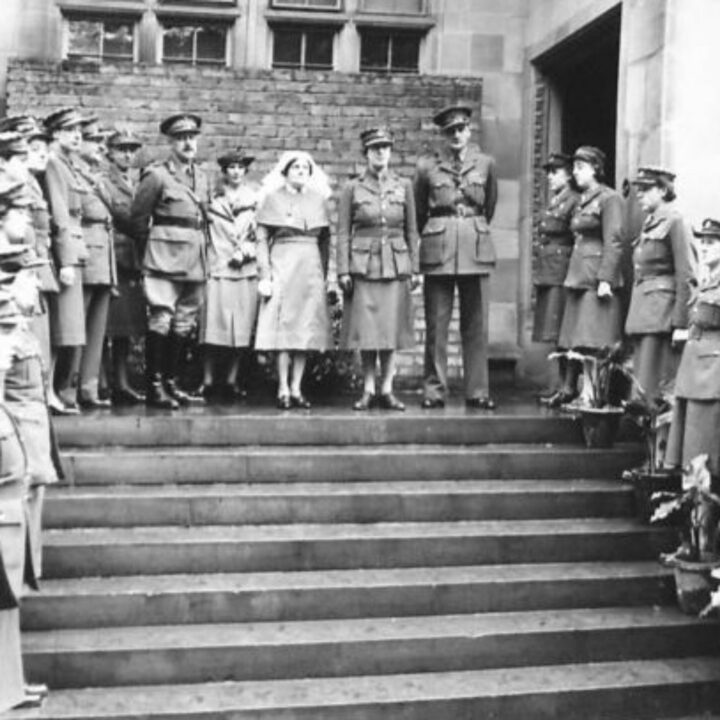 Her Royal Highness The Princess Royal with senior officers forming a guard of honour on the steps of Stranmillis Military Hospital, Belfast.