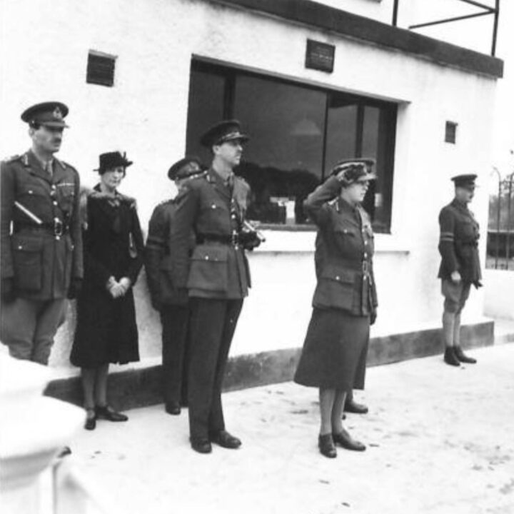 Her Royal Highness The Princess Royal (Colonel in Chief, Royal Corps of Signals) alongside Major General J.O. Carpenter C.B.E., M.C. takes the salute during a parade of members of 61st Division Signals in Northern Ireland.