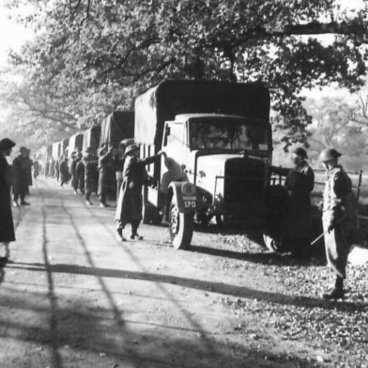 Drivers board lorries of an Ulster Home Guard Motor Transport Company in Northern Ireland. At the time, it was thought to be the only such company in the United Kingdom.