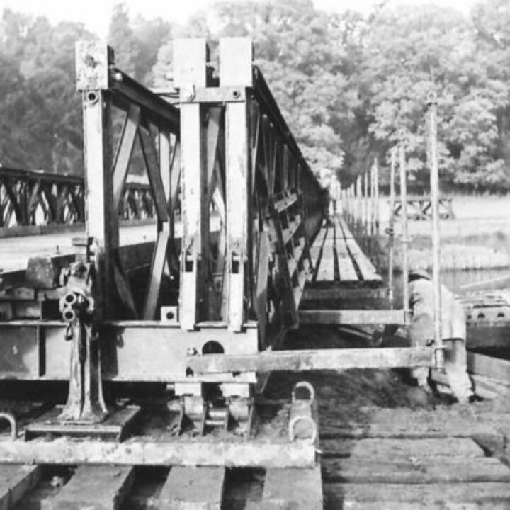 Detailed view of the jacking on a Bailey Bridge constructed by members of the Royal Engineers spanning the River Blackwater at the Caledon Park Site near Caledon, Co. Tyrone.