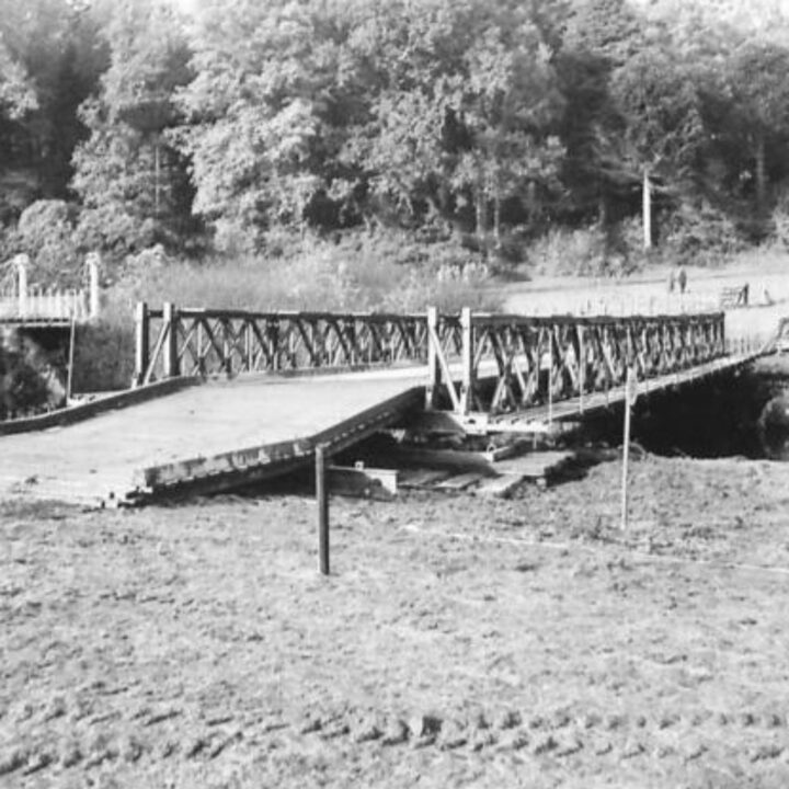 Number 1 Bailey Bridge constructed by members of the Royal Engineers spanning the River Blackwater at the Caledon Park Site near Caledon, Co. Tyrone.