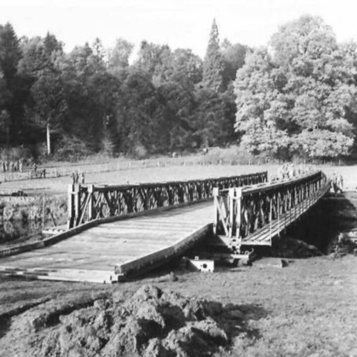 Number 2 Bailey Bridge constructed by members of the Royal Engineers spanning the River Blackwater at the Caledon Park Site near Caledon, Co. Tyrone.