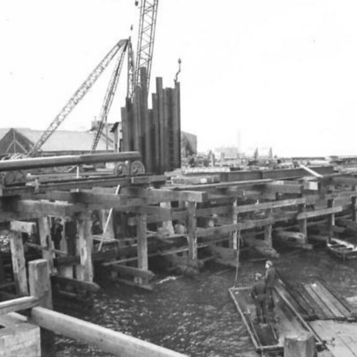 Photograph of a mended construction as work continues on the new jetty at Larne Harbour, Larne, Co. Antrim.