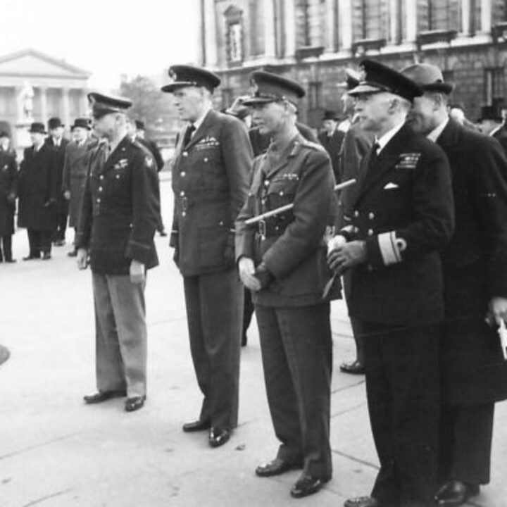 Brigadier General Edmund W. Hill (Commanding General of American Forces in Ireland), Air Vice Marshal D.F. Stevenson, Lieutenant General Sir Alan Gordon Cunningham K.C.B., D.S.O., M.C., (General Officer Commanding Northern Ireland), and Rear Admiral Richard Hugh Loraine Bevan (Flag Officer in Charge Northern Ireland) at the saluting base for a Battle of Britain commemoration parade at City Hall, Belfast.