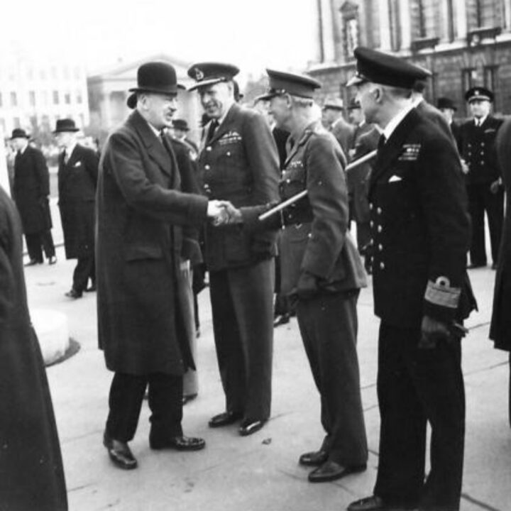 The Duke of Abercorn greets Lieutenant General Sir Alan Gordon Cunningham K.C.B., D.S.O., M.C., (General Officer Commanding Northern Ireland) on his arrival at the saluting base for a Battle of Britain commemoration parade at City Hall, Belfast.