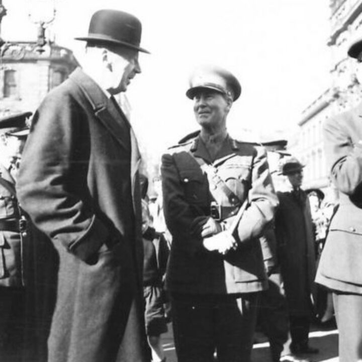 The Duke of Abercorn chatting with Lieutenant General Sir Alan Gordon Cunningham K.C.B., D.S.O., M.C., (General Officer Commanding Northern Ireland) on his arrival at the saluting base for a Battle of Britain commemoration parade at City Hall, Belfast.